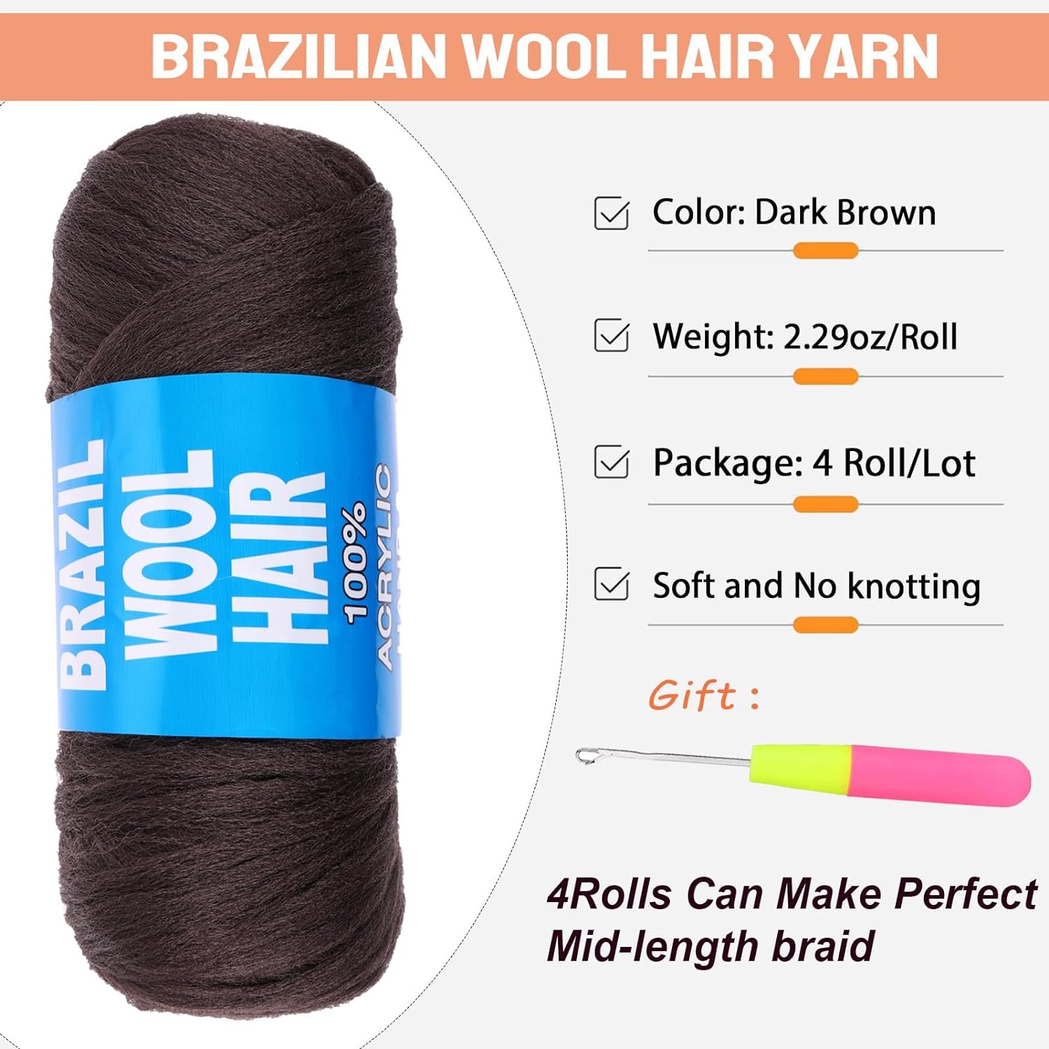 4Pcs Dark Brown Brazilian Wool Hair for Braids Acrylic Hand Knitting Yarn for Hair Braiding Hair Extension Faux Locs African Crochet Braid