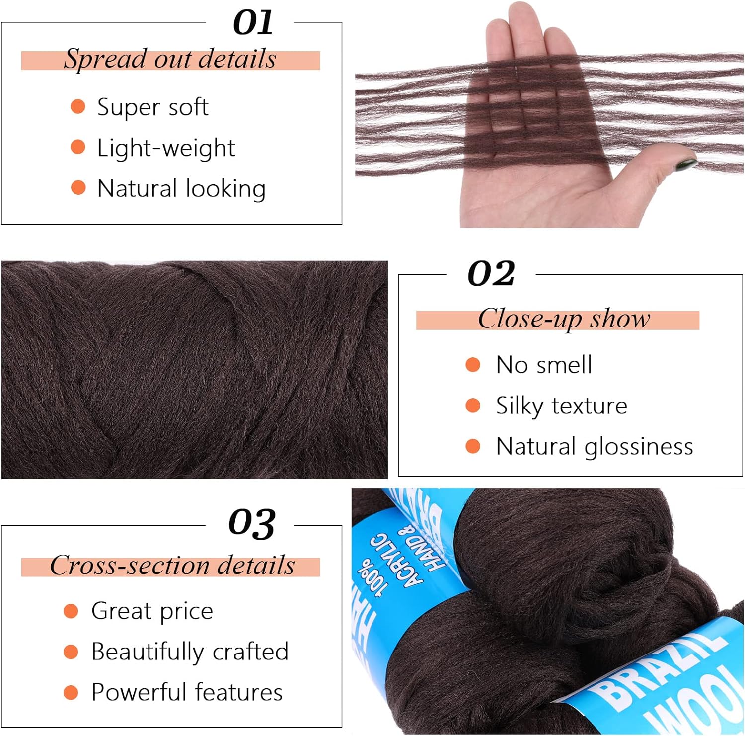 4Pcs Dark Brown Brazilian Wool Hair for Braids Acrylic Hand Knitting Yarn for Hair Braiding Hair Extension Faux Locs African Crochet Braid