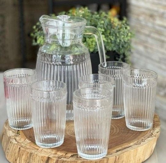 NORDIC LUXURY GLASS SET‼️ 
▪️Material:hard glass
 ▪️Sizes: 1.9litre jug +280ml 6pc glasses