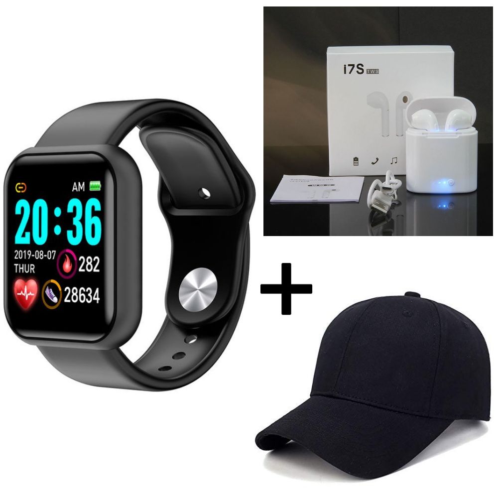 SUPER DEALS!!! JC Y68 Smartwatches(No Separate Charger Needed) Bluetooth Smart Watches Sport Touch Screen + Free I7S TWS BT Headset Sports Earbuds + Free Fashion Adjustable Black Baseball Cap.