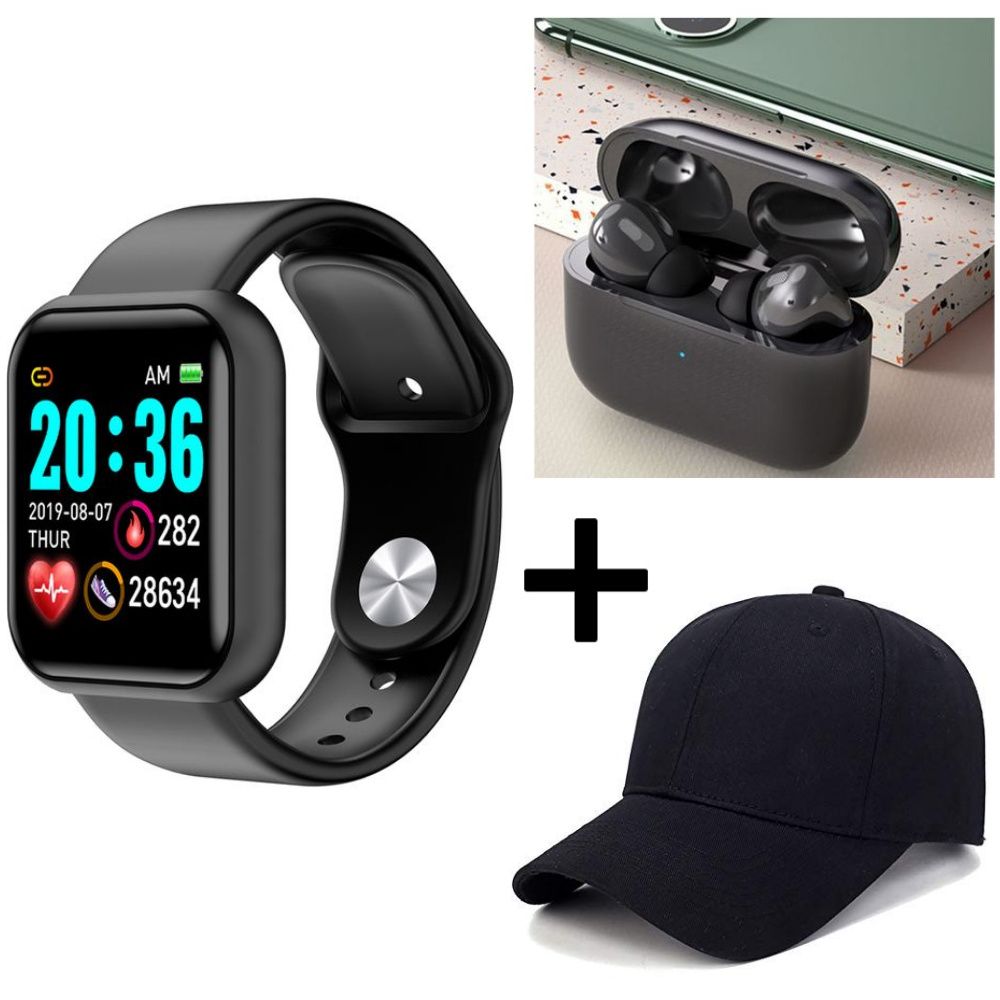 SUPER DEALS!!! JC Y68 Smartwatches(No Separate Charger Needed) Bluetooth Smart Watches Sport Touch Screen + Free Air Pro3 TWS Macaron Color Pro 3 Pods + Free Fashion Adjustable Black Baseball Cap.