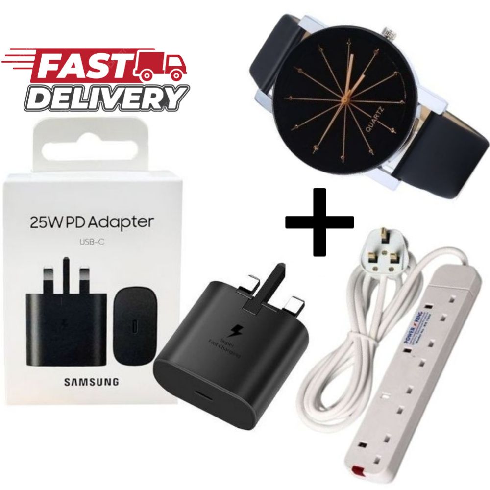 SUPER DEALS!!! Samsung USB-C Super Fast Charging,25W PD Charger Adapter For All Samsung Smart Devices + Free 4 Way Powerking Extension Cable + Free Fashion Quartz Unisex Single Leather Wrist Watch.