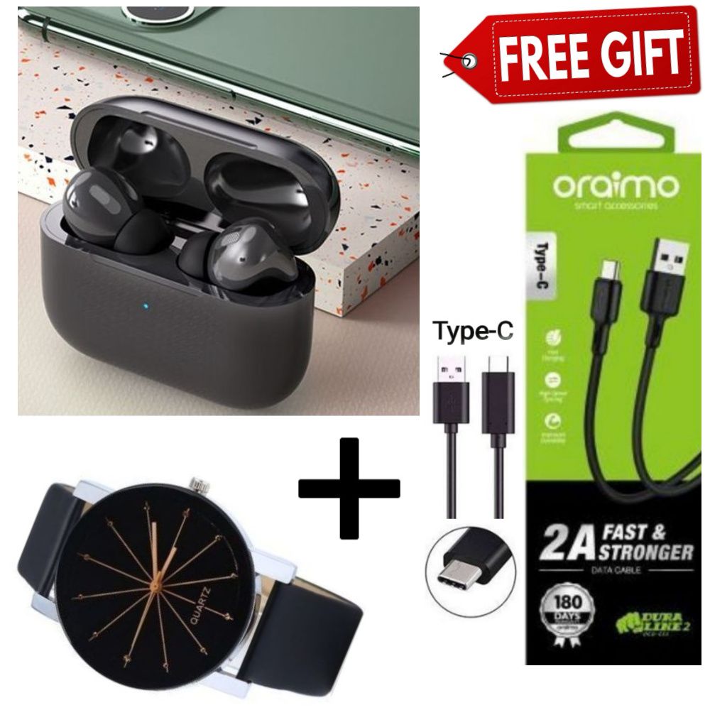 SUPER DEALS!!! Air Pro 3 Pods Wireless Earphones Bluetooth V5.0 Touch Control for all Smart phone - Black + Free Type C USB Cable + Free Fashion Quartz Unisex Single Leather Wrist Watch.