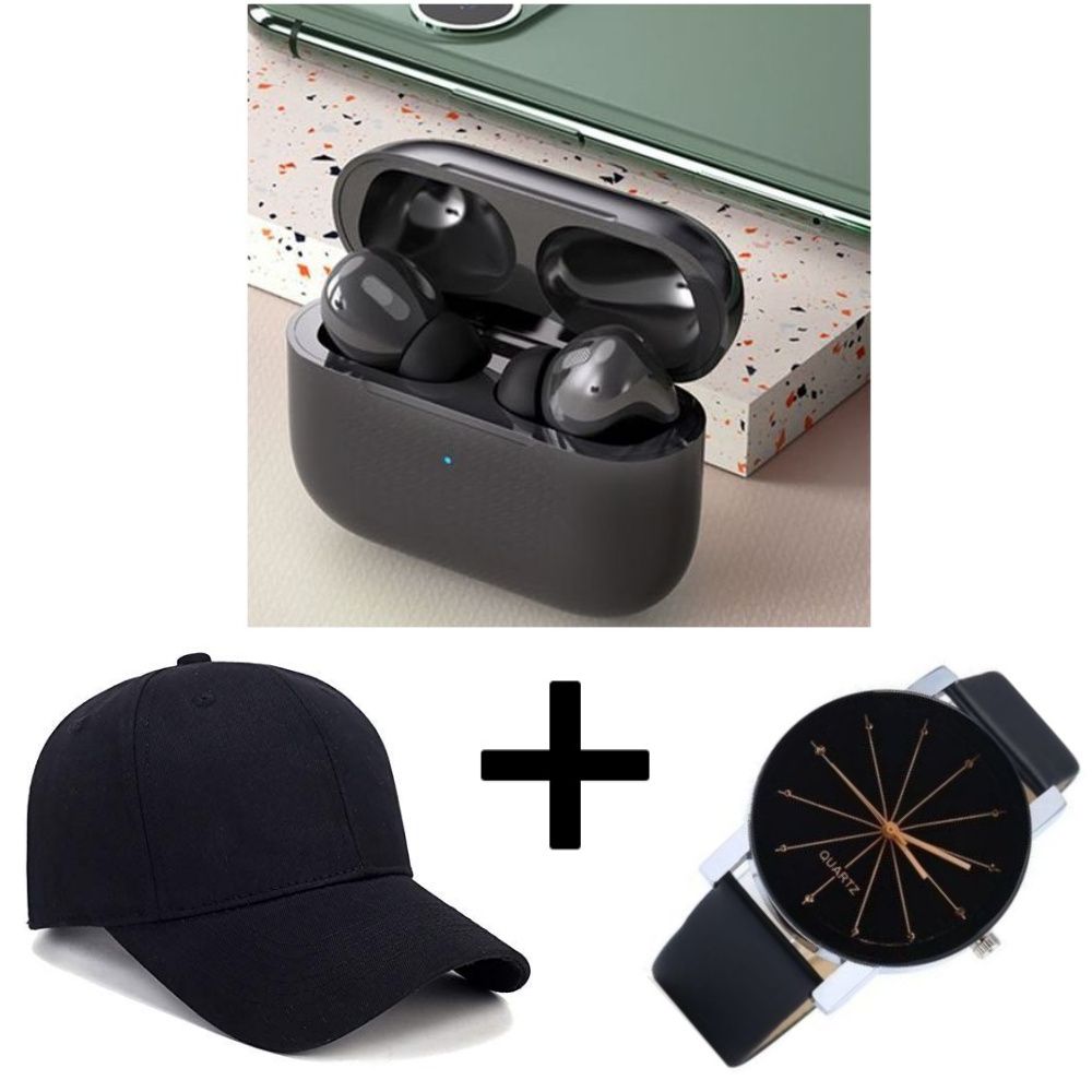 SUPER DEALS!!! Air Pro 3 Pods Wireless Earphones Bluetooth V5.0 Touch Control for all Smart phone - Black + Free  Adjustable Black Baseball Cap + Free Unisex Single Leather Wrist Watch.