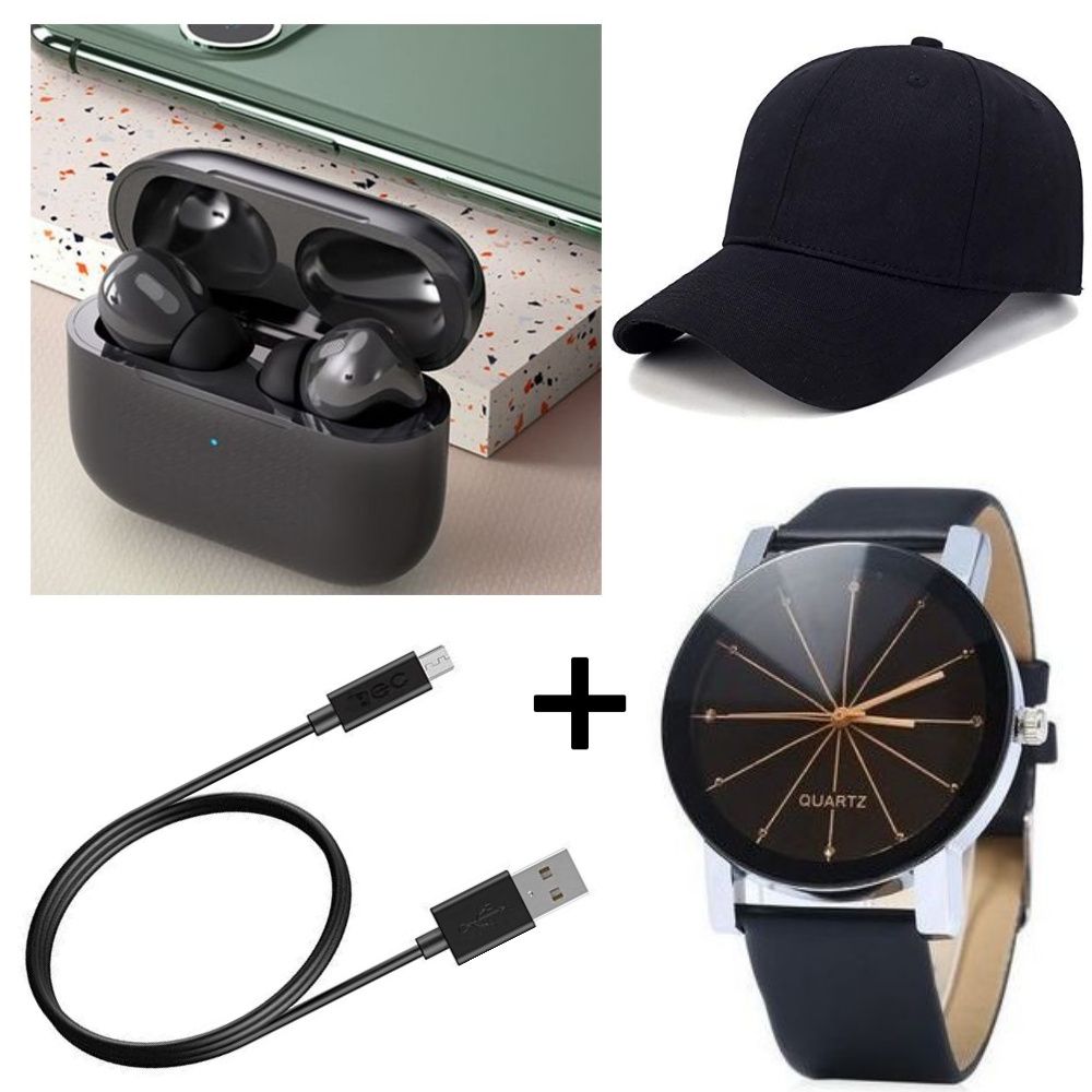 SUPER DEALS!!! Air Pro 3 Pods Wireless Earphones Bluetooth V5.0 Touch Control for all Smart phone - Black + Free Baseball Cap + Free Unisex Single Leather Wrist Watch + Free Normal Cable.