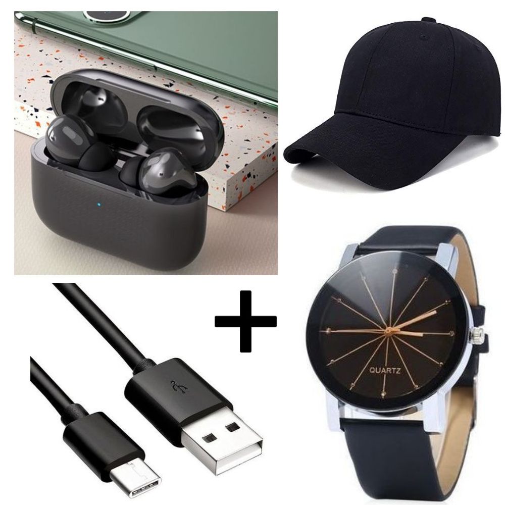 SUPER DEALS!!! Air Pro 3 Pods Wireless Earphones Bluetooth V5.0 Touch Control for all Smart phone - Black + Free Baseball Cap + Free Unisex Single Leather Wrist Watch + Free Type-C Cable.