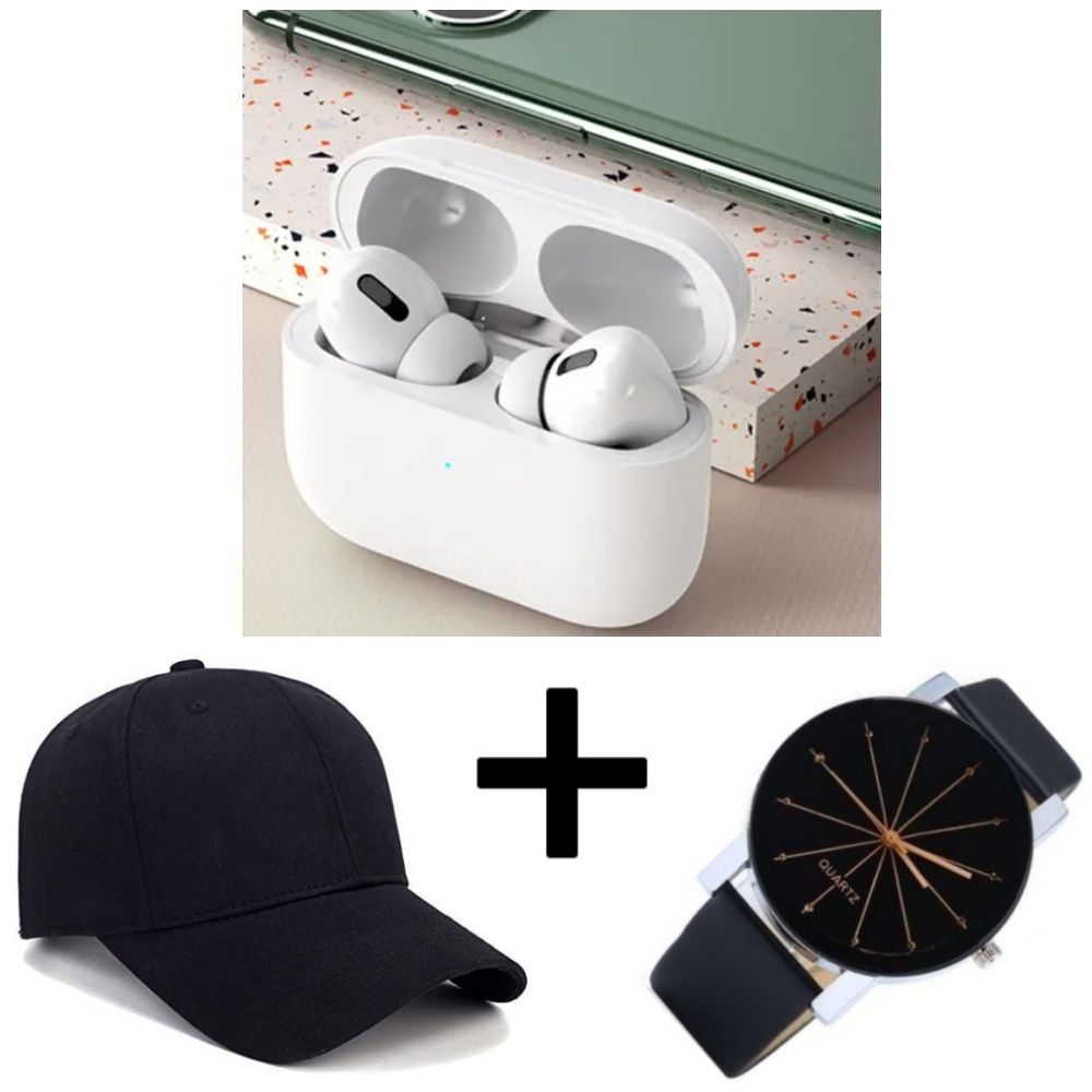 SUPER DEALS!!! Air Pro 3 Pods Wireless Earphones Bluetooth V5.0 Touch Control for all Smart phone - White + Free  Adjustable Black Baseball Cap + Free Unisex Single Leather Wrist Watch.