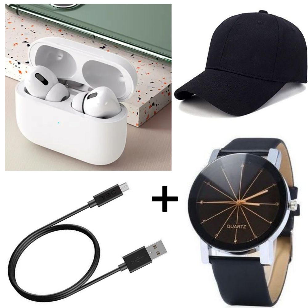 SUPER DEALS!!! Air Pro 3 Pods Wireless Earphones Bluetooth V5.0 Touch Control for all Smart phone - White + Free Baseball Cap + Free Unisex Single Leather Wrist Watch + Free Normal Cable.