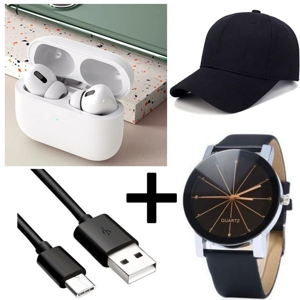 SUPER DEALS!!! Air Pro 3 Pods Wireless Earphones Bluetooth V5.0 Touch Control for all Smart phone - White + Free Baseball Cap + Free Unisex Single Leather Wrist Watch + Free Type-C Cable.
