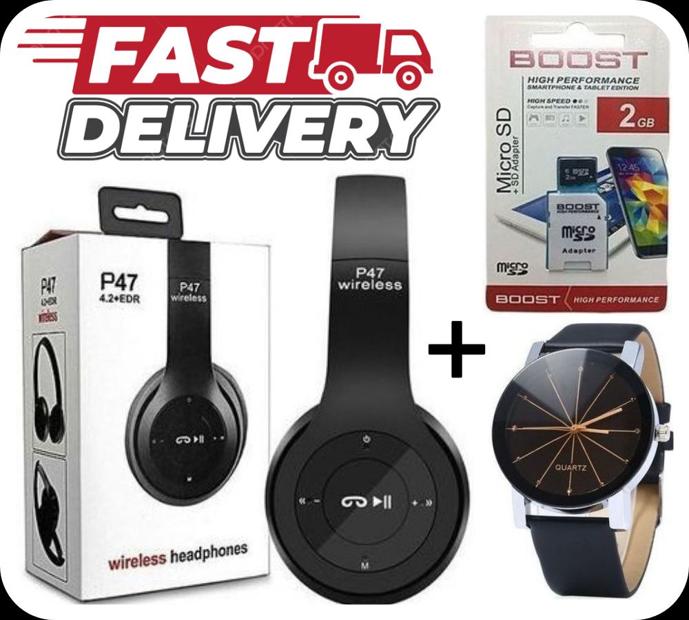 SUPER DEALS!!! RichRipple P47 Wireless Headphones Bluetooth Headset With TF Micro for IOS/Android + Free Fashion Quartz Unisex Single Leather Wrist Watch + Free 2GB Boost High Perfomance Memory Card.