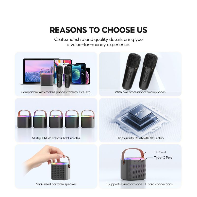 JQSEN Y1 Wireless Karaoke Speaker with Microphone HIFI Reverb Sound Portable Speaker Bluetooth speaker with Mic RGB Light Home Party Outdoor Camping Entertainment Karaoke Speaker wireless microphone