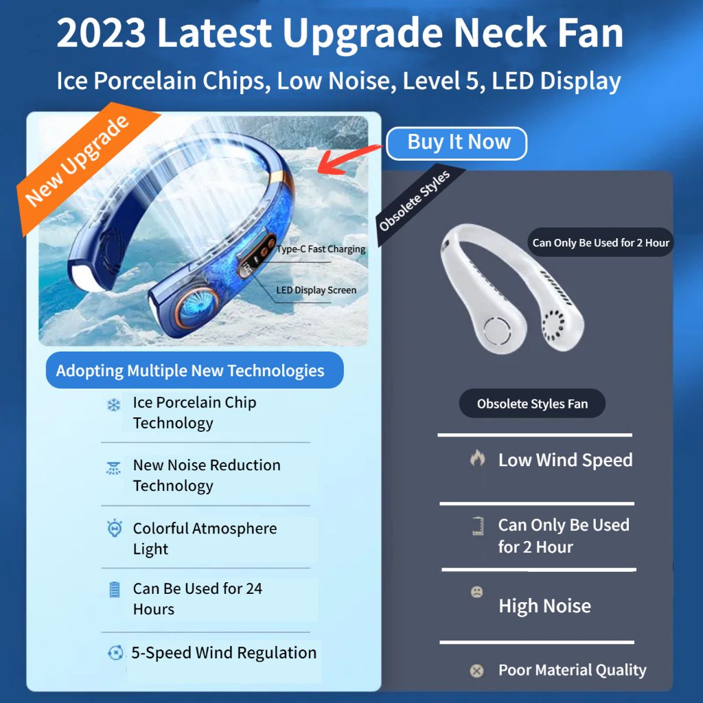 JQSEN Portable Neck Fan strong wind 5 speeds Electric Wireless FAN USB Rechargeable Air Cooling Bladeless Fan Mini Fan 360° Surround Digital Display Hands-free chargeable fan portable cooling fan