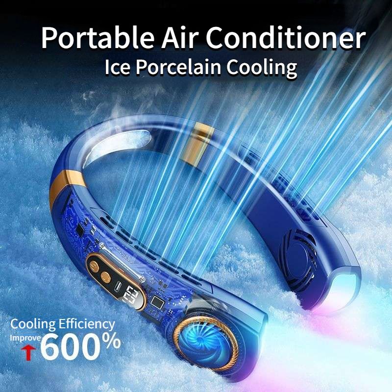 JQSEN Portable Neck Fan strong wind 5 speeds Electric Wireless FAN USB Rechargeable Air Cooling Bladeless Fan Mini Fan 360° Surround Digital Display Hands-free chargeable fan portable cooling fan