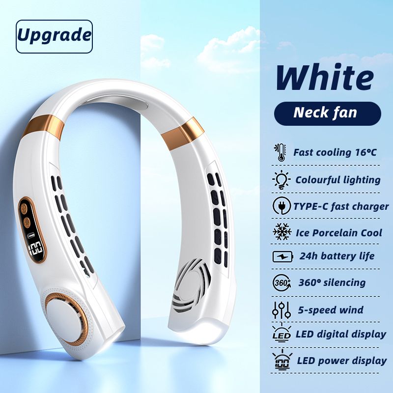 JQSEN Portable Neck Fan strong wind 5 speeds Electric Wireless FAN USB Rechargeable Air Cooling Bladeless Fan Mini Fan 360° Surround Digital Display Hands-free chargeable fan portable cooling fan