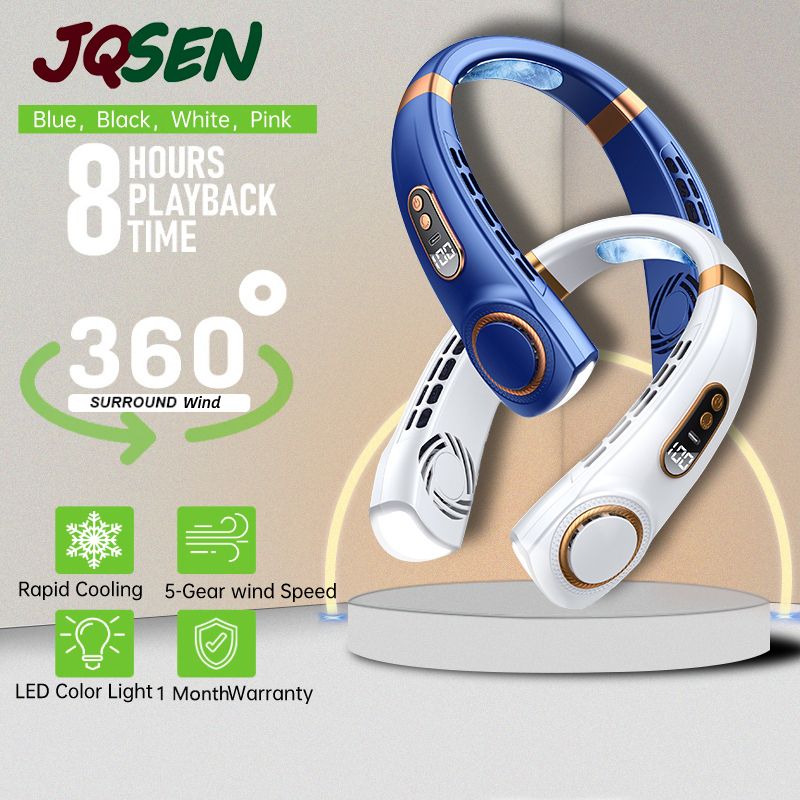 JQSEN Portable Neck Fan strong wind 5 speeds Electric Wireless FAN USB Rechargeable Air Cooling Bladeless Fan Mini Fan 360° Surround Digital Display Hands-free chargeable fan portable cooling fan