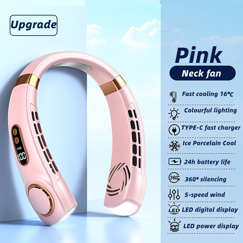 JQSEN Portable Neck Fan strong wind 5 speeds Electric Wireless FAN USB Rechargeable Air Cooling Bladeless Fan Mini Fan 360° Surround Digital Display Hands-free chargeable fan portable cooling fan