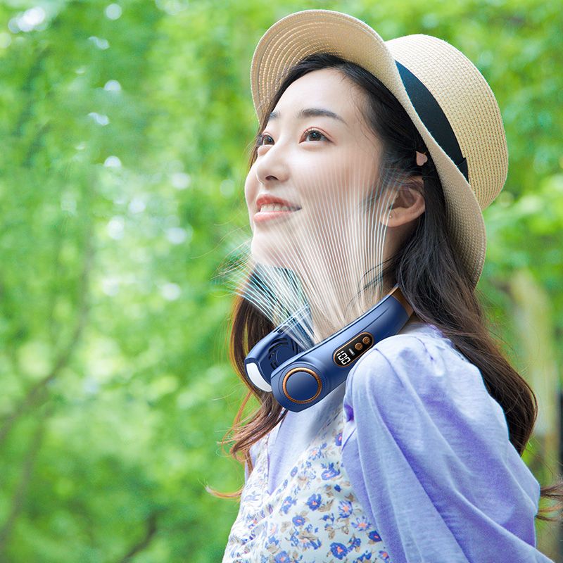 JQSEN Portable Neck Fan strong wind 5 speeds Electric Wireless FAN USB Rechargeable Air Cooling Bladeless Fan Mini Fan 360° Surround Digital Display Hands-free chargeable fan portable cooling fan