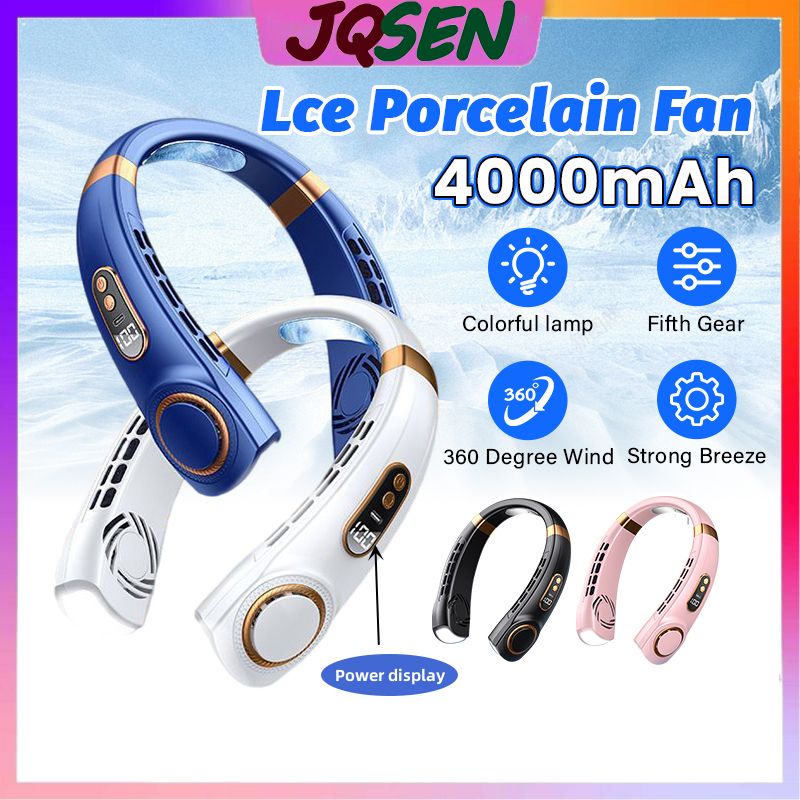 JQSEN Portable Neck Fan strong wind 5 speeds Electric Wireless FAN USB Rechargeable Air Cooling Bladeless Fan Mini Fan 360° Surround Digital Display Hands-free chargeable fan portable cooling fan