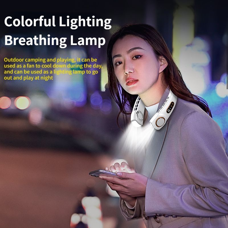 JQSEN Portable Neck Fan strong wind 5 speeds Electric Wireless FAN USB Rechargeable Air Cooling Bladeless Fan Mini Fan 360° Surround Digital Display Hands-free chargeable fan portable cooling fan