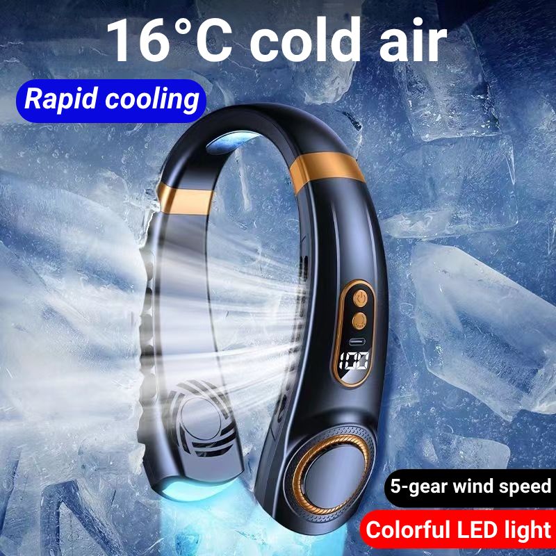 JQSEN Portable Neck Fan strong wind 5 speeds Electric Wireless FAN USB Rechargeable Air Cooling Bladeless Fan Mini Fan 360° Surround Digital Display Hands-free chargeable fan portable cooling fan