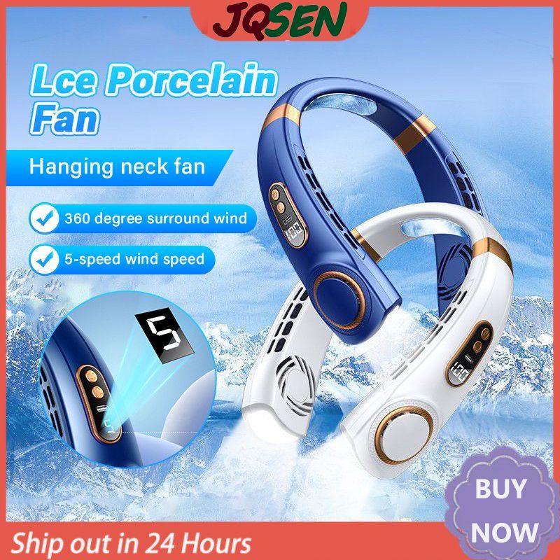 JQSEN Portable Neck Fan strong wind 5 speeds Electric Wireless FAN USB Rechargeable Air Cooling Bladeless Fan Mini Fan 360° Surround Digital Display Hands-free chargeable fan portable cooling fan