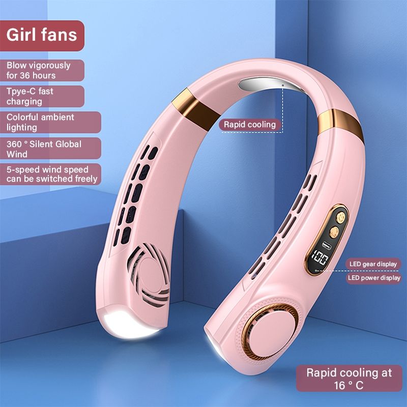JQSEN Portable Neck Fan strong wind 5 speeds Electric Wireless FAN USB Rechargeable Air Cooling Bladeless Fan Mini Fan 360° Surround Digital Display Hands-free chargeable fan portable cooling fan