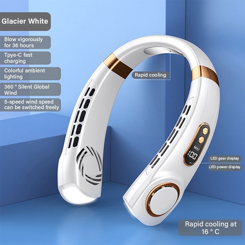 JQSEN Portable Neck Fan strong wind 5 speeds Electric Wireless FAN USB Rechargeable Air Cooling Bladeless Fan Mini Fan 360° Surround Digital Display Hands-free chargeable fan portable cooling fan