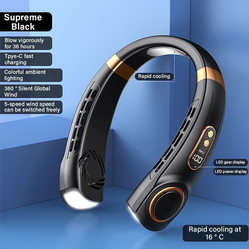 JQSEN Portable Neck Fan strong wind 5 speeds Electric Wireless FAN USB Rechargeable Air Cooling Bladeless Fan Mini Fan 360° Surround Digital Display Hands-free chargeable fan portable cooling fan