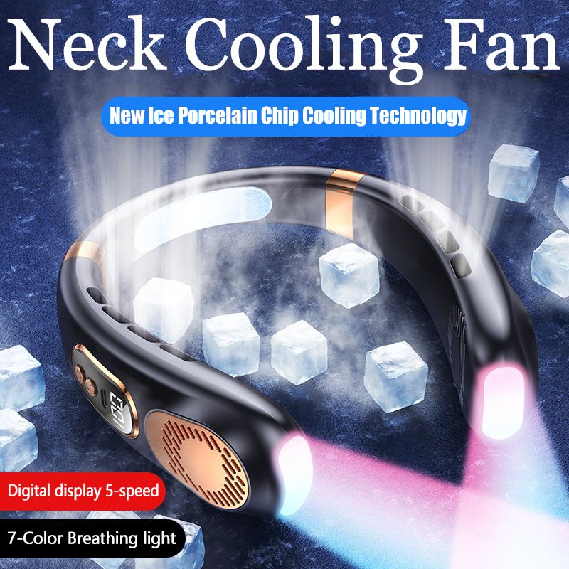JQSEN Portable Neck Fan strong wind 5 speeds Electric Wireless FAN USB Rechargeable Air Cooling Bladeless Fan Mini Fan 360° Surround Digital Display Hands-free chargeable fan portable cooling fan