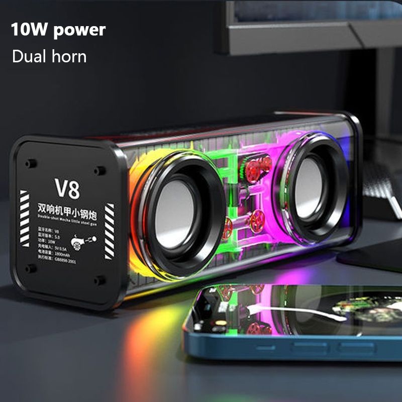 JQSEN V8 Cyberpunk style Bluetooth audio V8 dazzle lights dual speakers high volume Bluetooth speakers TWS series bass RGB mini speaker bluetooth speaker with amplifier support TF card