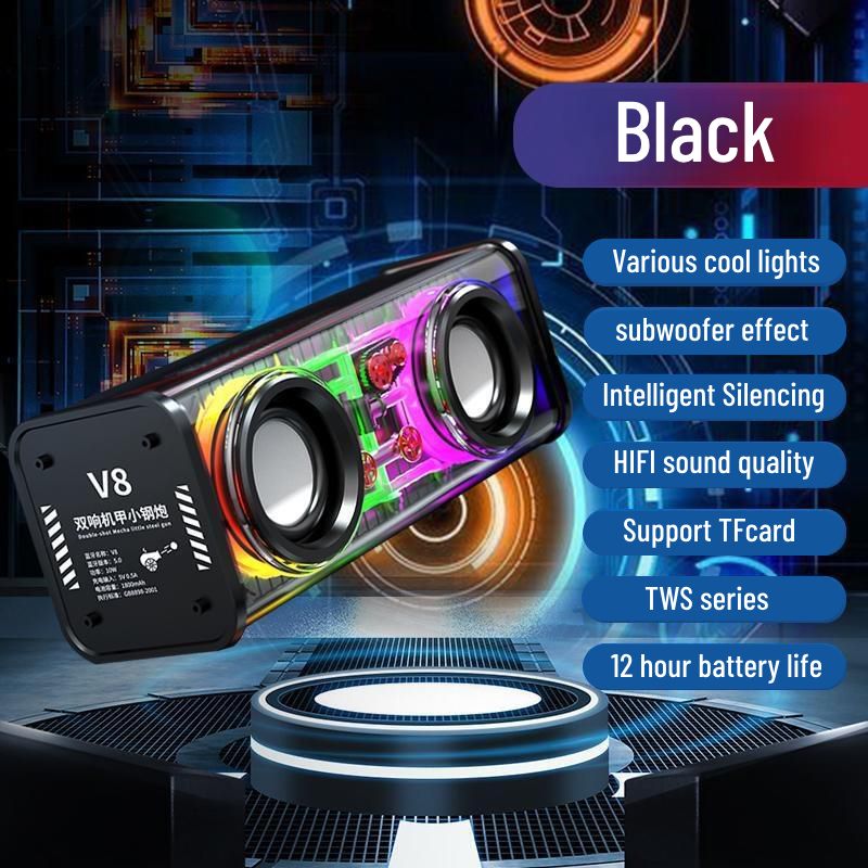 JQSEN V8 Cyberpunk style Bluetooth audio V8 dazzle lights dual speakers high volume Bluetooth speakers TWS series bass RGB mini speaker bluetooth speaker with amplifier support TF card