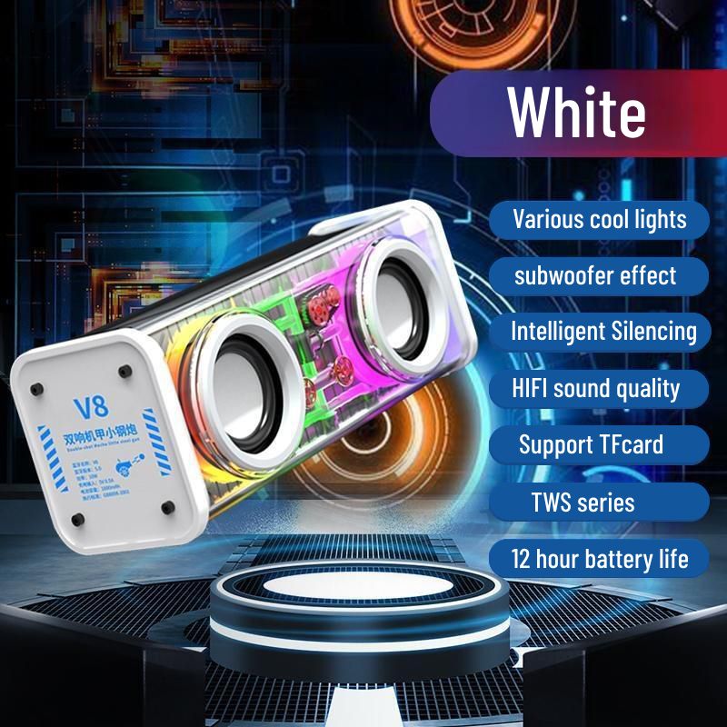JQSEN V8 Cyberpunk style Bluetooth audio V8 dazzle lights dual speakers high volume Bluetooth speakers TWS series bass RGB mini speaker bluetooth speaker with amplifier support TF card
