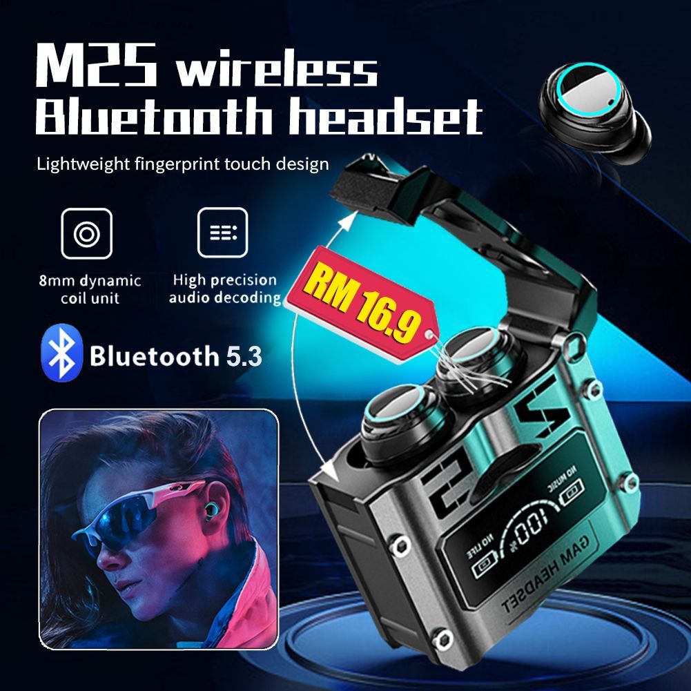 JQSEN Men Earbuds M25 TWS Wireless Bluetooth Earphones Gaming Touch Digital Display Binaural Waterproof Noise Reduction Stereo Music eSports Gaming Headphones Compatiable with IOS Android Power bank