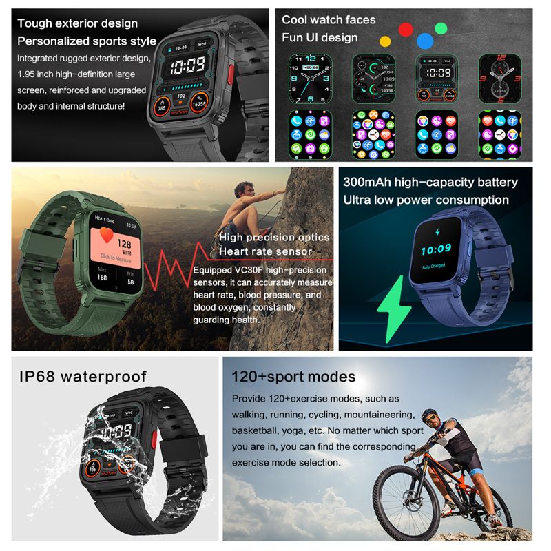 JQSEN IP68 Waterproof smart watch for men Swimming 1.95'' LW9 Smart Watch outdoor Green smart watch bluetooth call Touch Screen heart rate Sleep monitor Fashion sports watch men smartwatch for woman