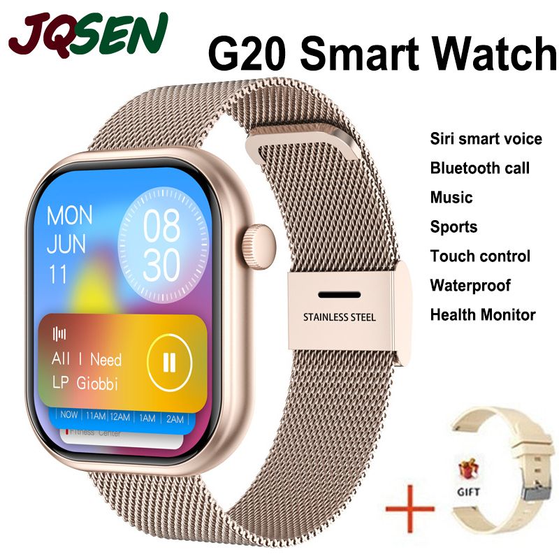 JQSEN G20 Smart Watch Waterproof Full Touch Golden Men Women's Bracelet Large Screen 2.01'' Sports Tracker Bluetooth Watch SOS Heart Rate Health G20 Watch GT Clock Handfree Siri Man Girl Smartwatches