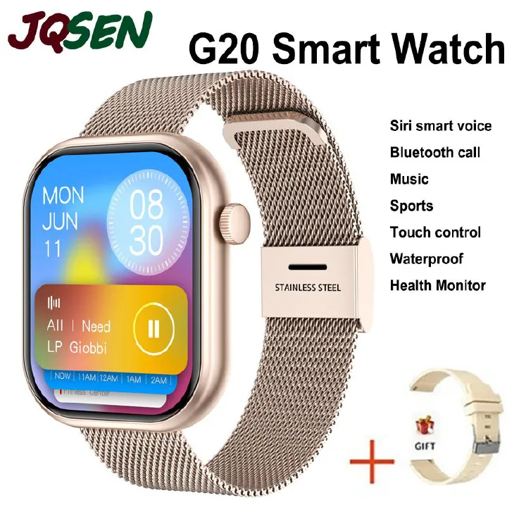 JQSEN G20 Smart Watch Waterproof Full Touch Golden Men Women's Bracelet Large Screen 2.01'' Sports Tracker Bluetooth Watch SOS Heart Rate Health G20 Watch GT Clock Handfree Siri Man Girl Smartwatches