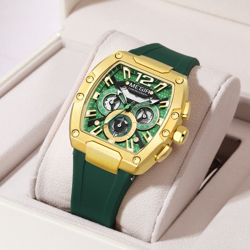 MEGIR Fashion Men's Sports Watch quartz watch Casual analog watch Stopwatch calendar square curved screen Barrel Wristwatch Watch for Men Waterproof Luminous Watch for men Gifts for Men Boyfriend