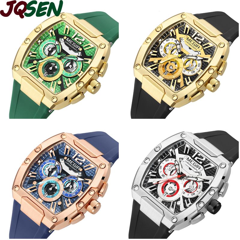 MEGIR Fashion Men's Sports Watch quartz watch Casual analog watch Stopwatch calendar square curved screen Barrel Wristwatch Watch for Men Waterproof Luminous Watch for men Gifts for Men Boyfriend