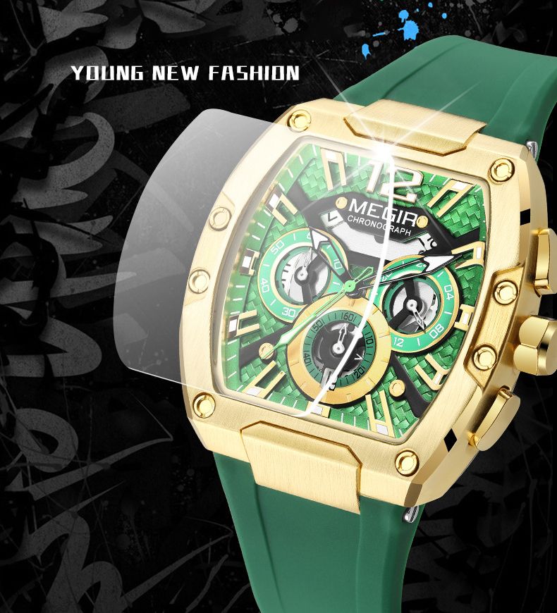 MEGIR Fashion Men's Sports Watch quartz watch Casual analog watch Stopwatch calendar square curved screen Barrel Wristwatch Watch for Men Waterproof Luminous Watch for men Gifts for Men Boyfriend