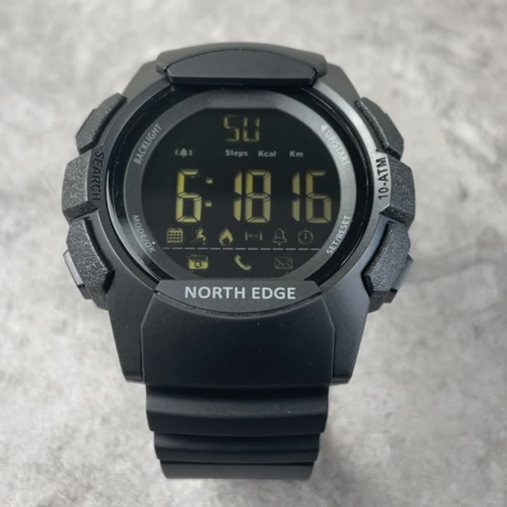 North Edge AK Black Multi-function Bluetooth smart watch for men 100 Meters Waterproof Sport Watch Military Men Smartwatch Alarm Clock Electronic Watch Stopwatch Bluetooth Call Reminder Digital Watch