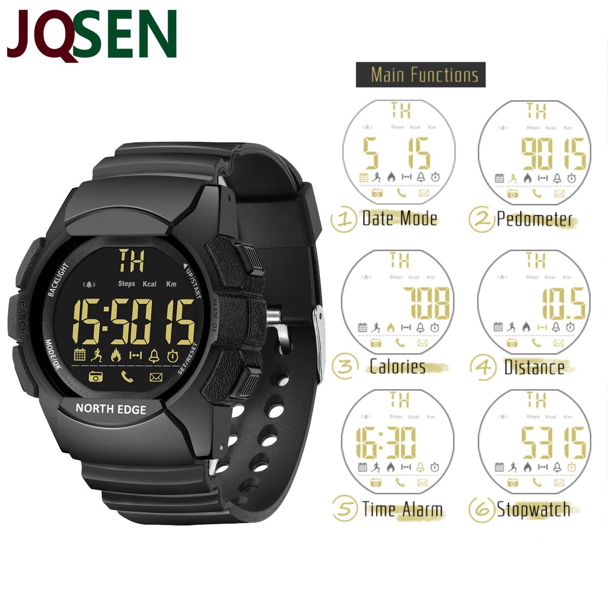 North Edge AK Black Multi-function Bluetooth smart watch for men 100 Meters Waterproof Sport Watch Military Men Smartwatch Alarm Clock Electronic Watch Stopwatch Bluetooth Call Reminder Digital Watch