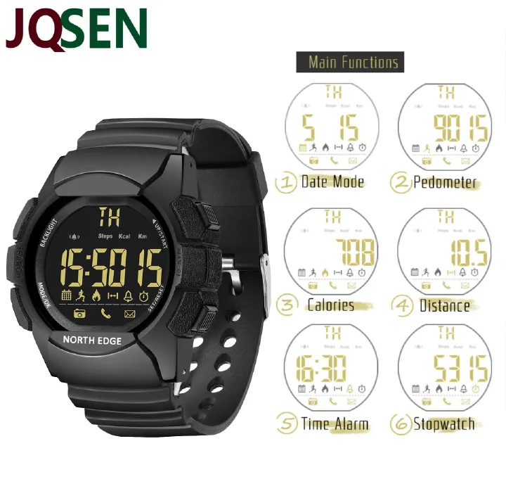 North Edge AK Black Multi-function Bluetooth smart watch for men 100 Meters Waterproof Sport Watch Military Men Smartwatch Alarm Clock Electronic Watch Stopwatch Bluetooth Call Reminder Digital Watch
