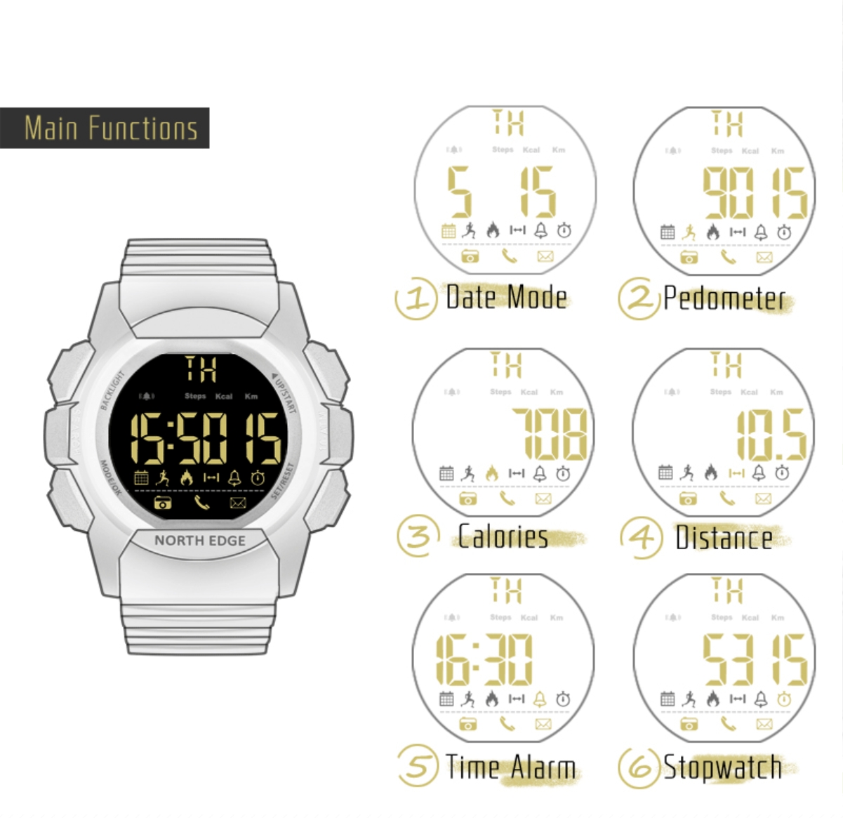 North Edge AK Black Multi-function Bluetooth smart watch for men 100 Meters Waterproof Sport Watch Military Men Smartwatch Alarm Clock Electronic Watch Stopwatch Bluetooth Call Reminder Digital Watch