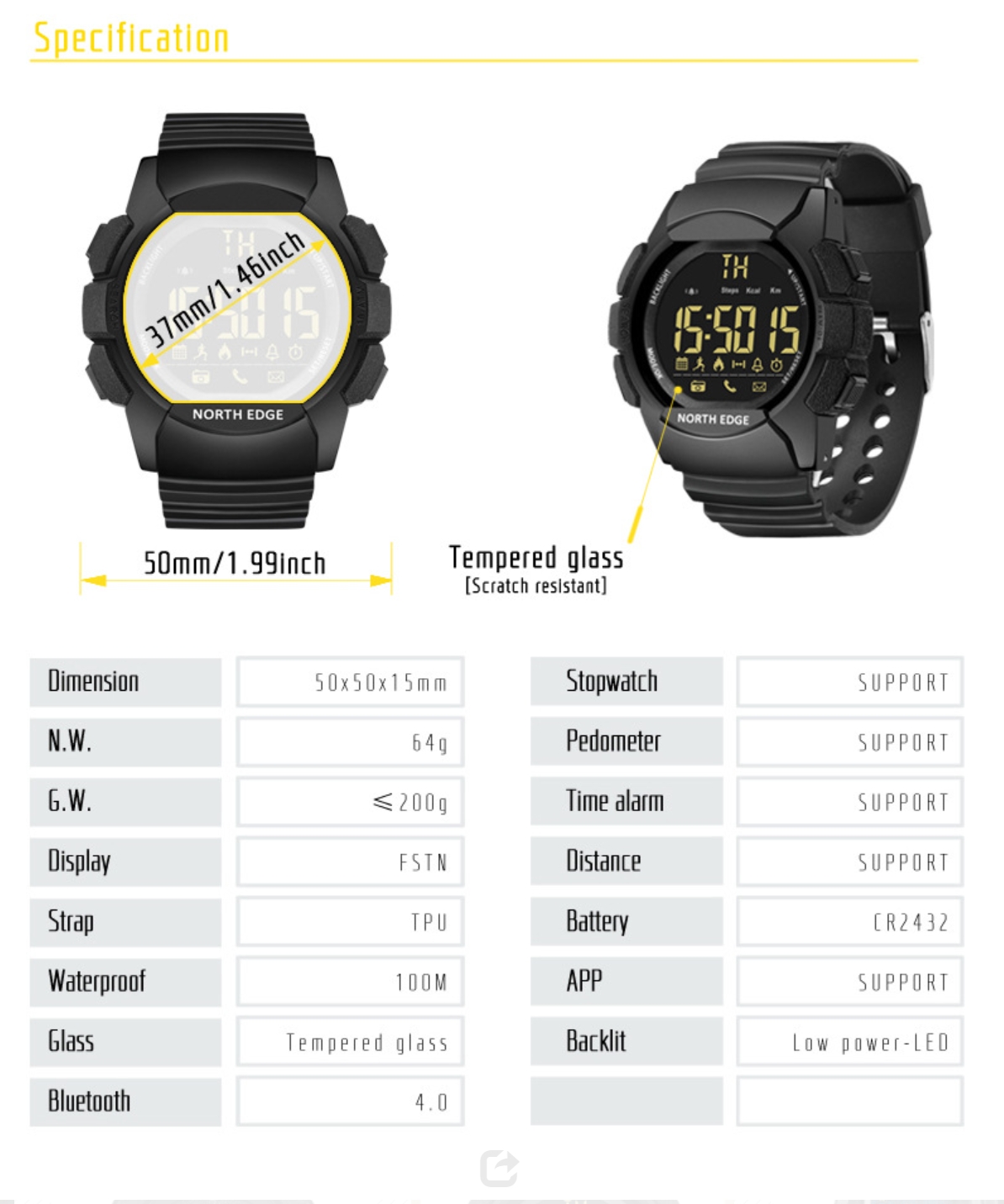 North Edge AK Black Multi-function Bluetooth smart watch for men 100 Meters Waterproof Sport Watch Military Men Smartwatch Alarm Clock Electronic Watch Stopwatch Bluetooth Call Reminder Digital Watch