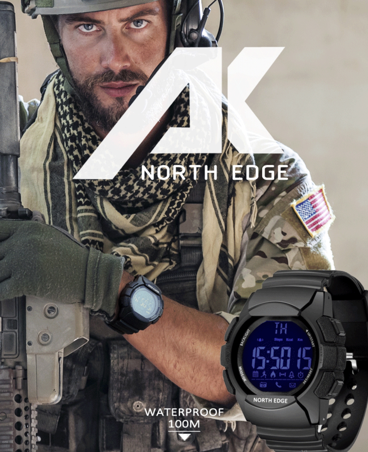 North Edge AK Black Multi-function Bluetooth smart watch for men 100 Meters Waterproof Sport Watch Military Men Smartwatch Alarm Clock Electronic Watch Stopwatch Bluetooth Call Reminder Digital Watch