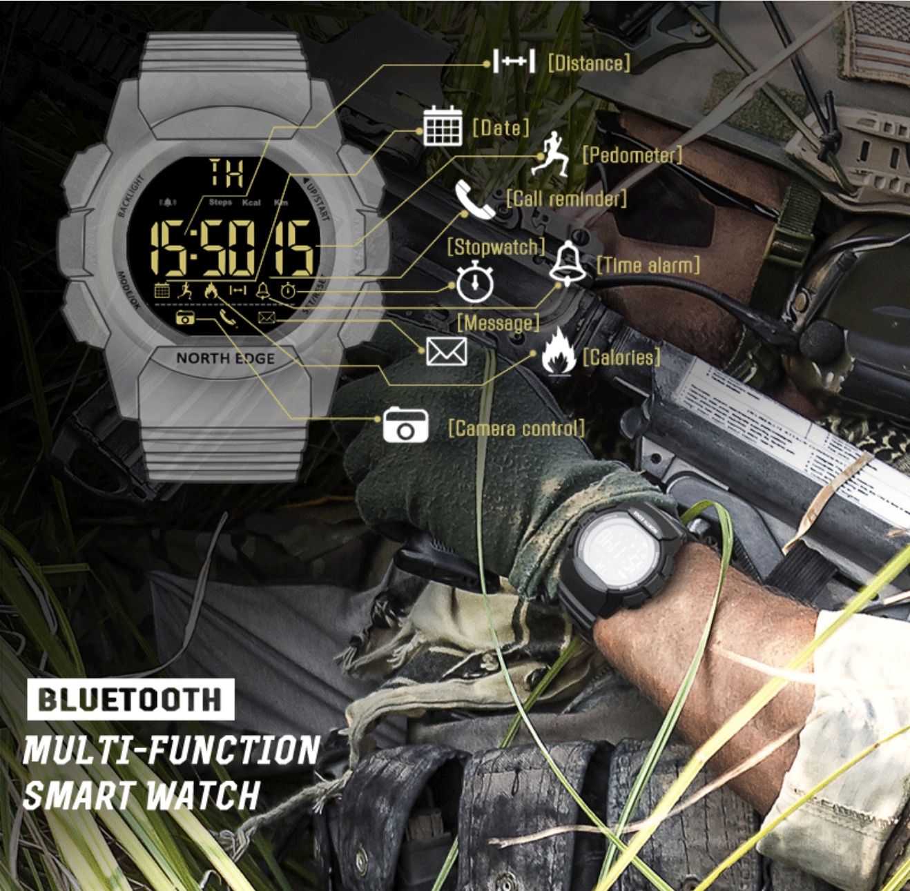 North Edge AK Black Multi-function Bluetooth smart watch for men 100 Meters Waterproof Sport Watch Military Men Smartwatch Alarm Clock Electronic Watch Stopwatch Bluetooth Call Reminder Digital Watch