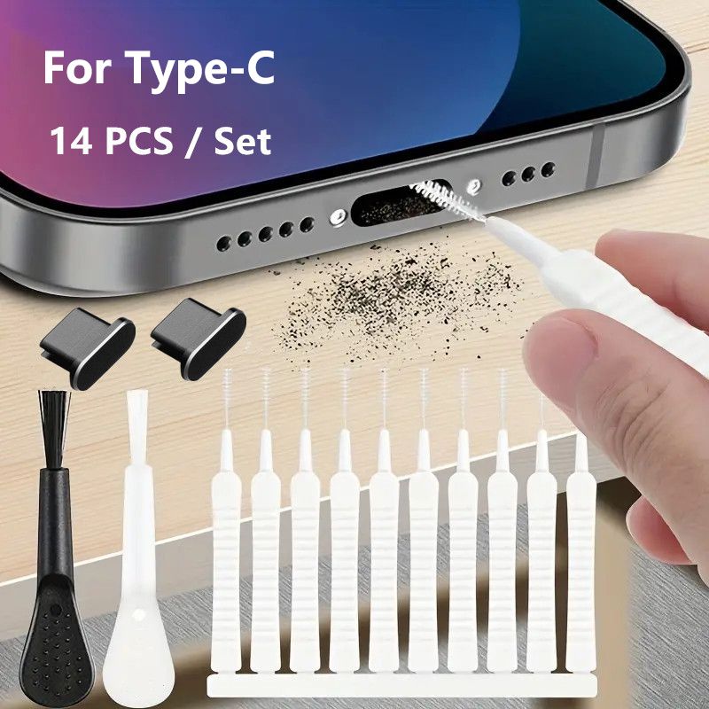 14Pcs Set Mobile phone charging interface cleaning kit suitable for iPhone 15 Type-C interface computer Keyboard Cleaner Keyboard Cleaning Kit Computer Cleaning Kit Earphone Cleaner Multifunction Tool