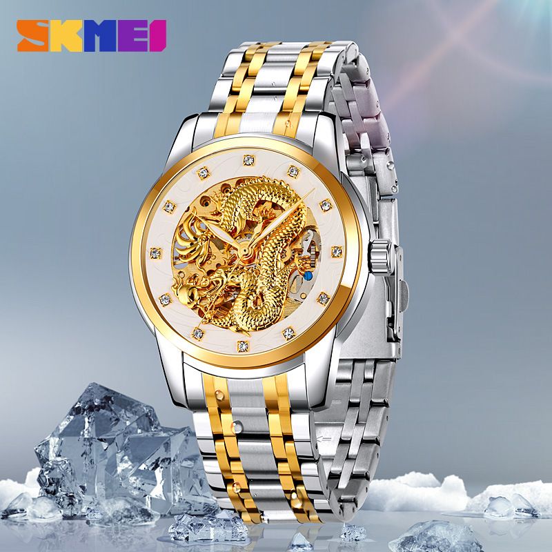 SKMEI men's watch Gold Chinese Long fully automatic mechanical watch Men Top Brand Luxury Quartz Watch Waterproof stainless Steel Strap Wristwatches fashion Analog watch casual business watch for Men