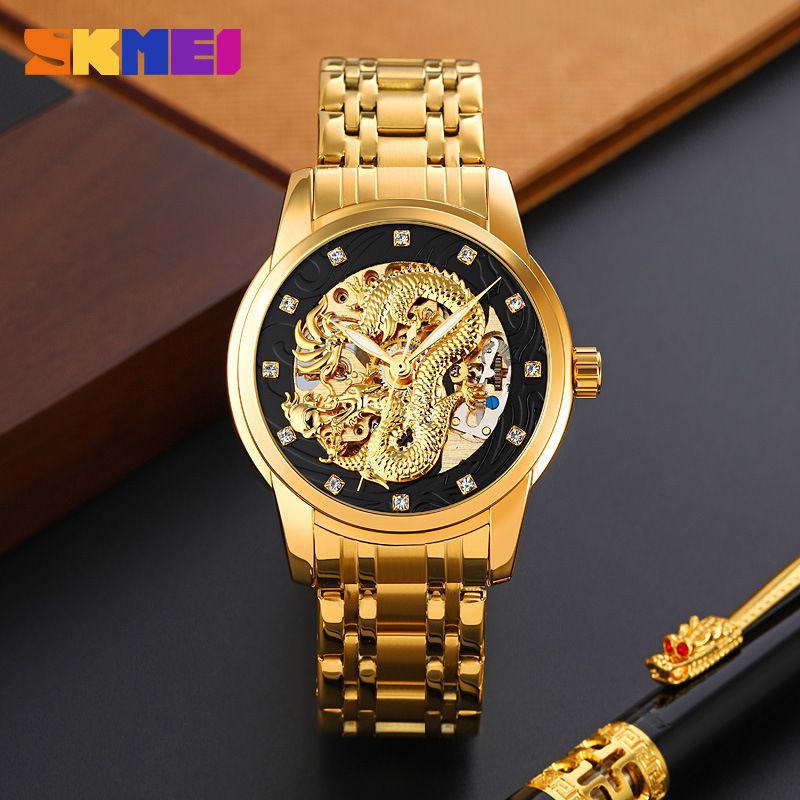 SKMEI men's watch Gold Chinese Long fully automatic mechanical watch Men Top Brand Luxury Quartz Watch Waterproof stainless Steel Strap Wristwatches fashion Analog watch casual business watch for Men