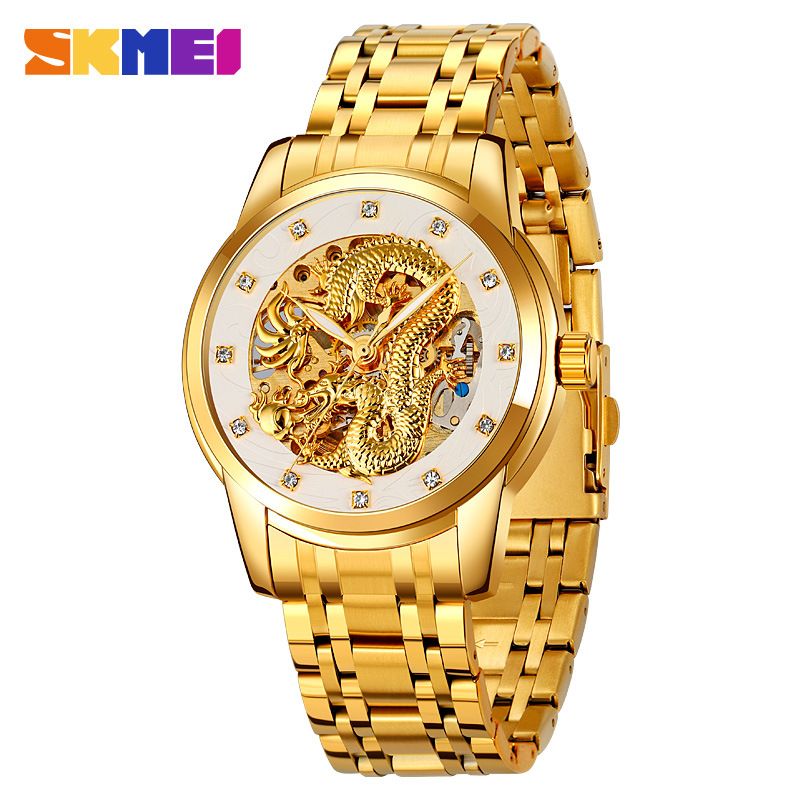 SKMEI men's watch Gold Chinese Long fully automatic mechanical watch Men Top Brand Luxury Quartz Watch Waterproof stainless Steel Strap Wristwatches fashion Analog watch casual business watch for Men